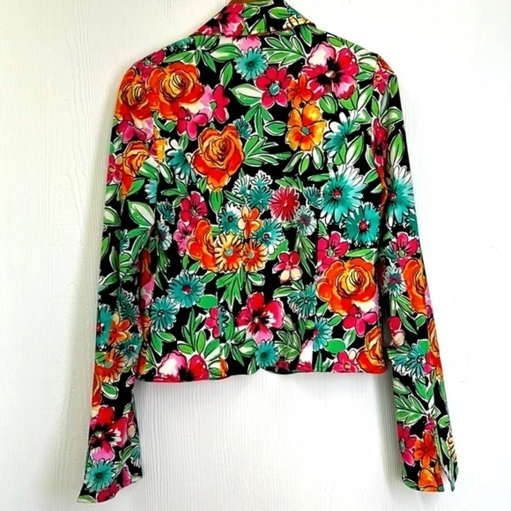 Anthracite - Bright Bold Floral Zip Up Shoulder Pad Blazer Size 4